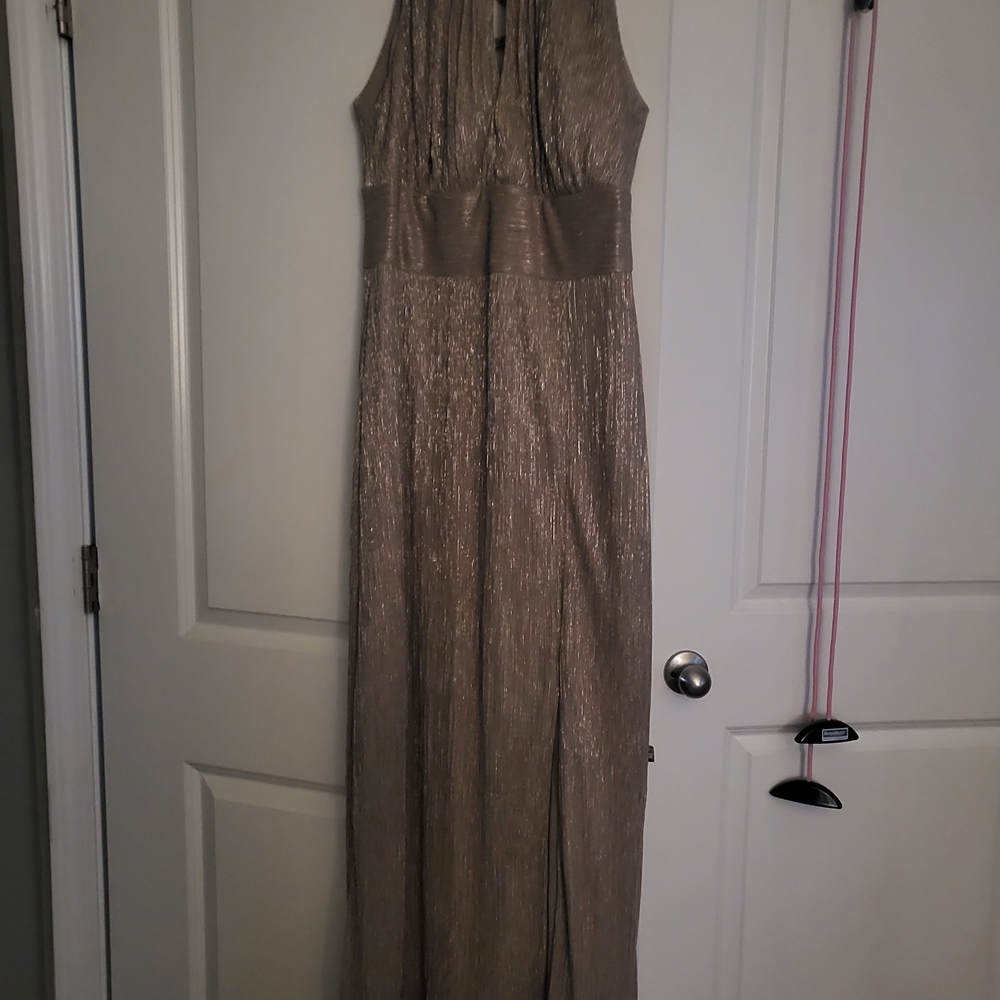 Metallic Taupe Halter Evening Dress - Elegant Sleeveless Gown